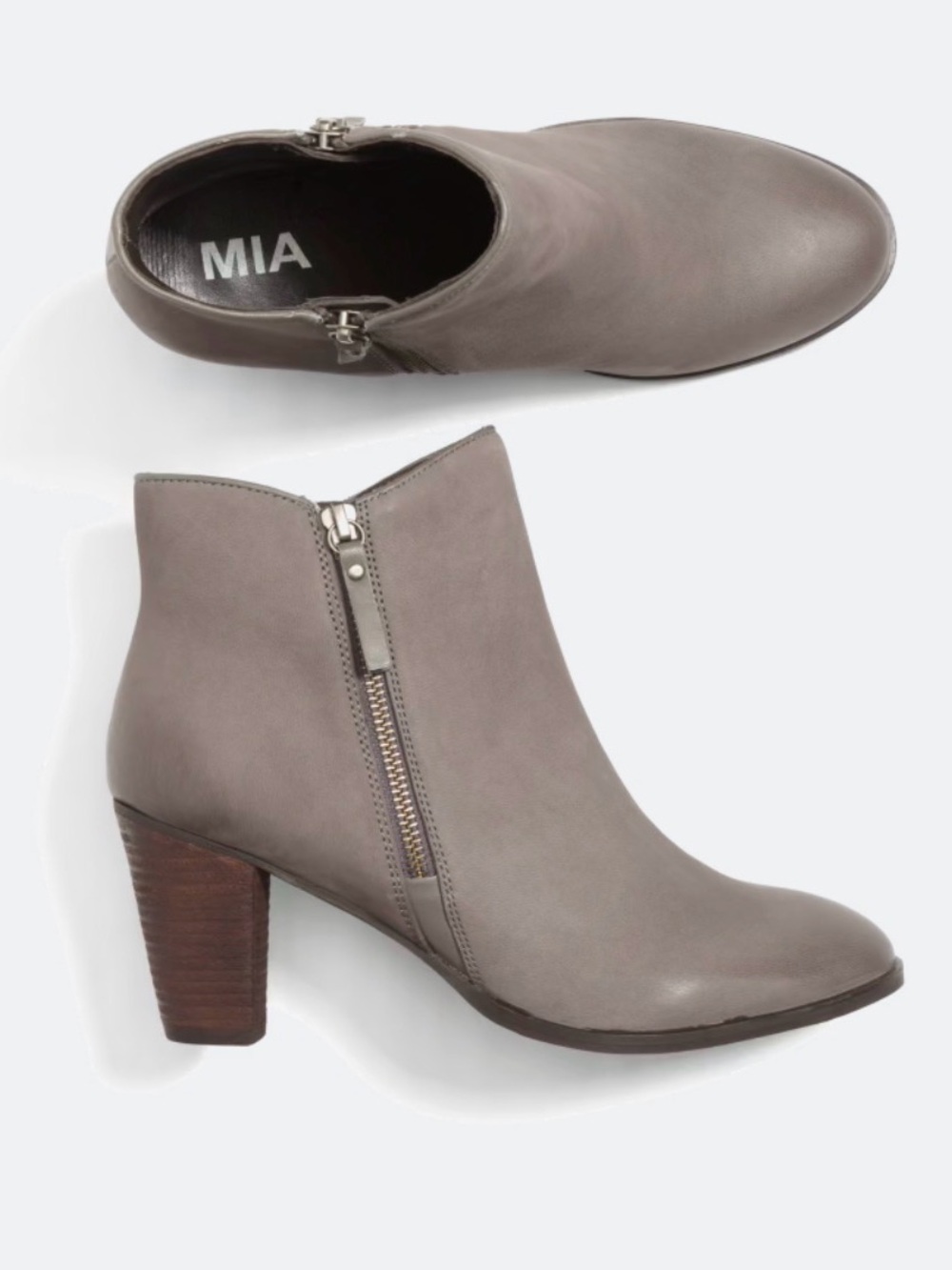 MIA Maddock Gray Leather Stacked 3 inch Heel Ankle Boot with Side Zip
